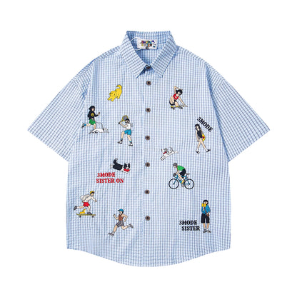 Cartoon Embroidered Checkered Shirt