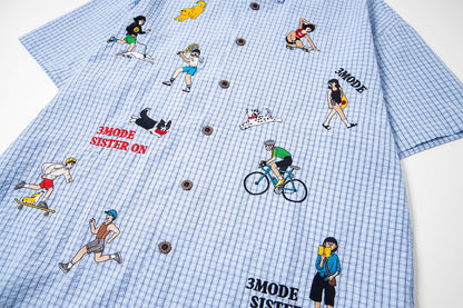 Cartoon Embroidered Checkered Shirt