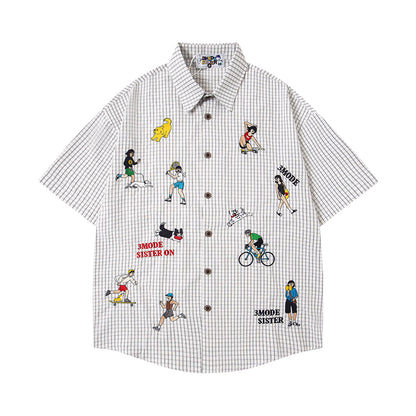 Cartoon Embroidered Checkered Shirt