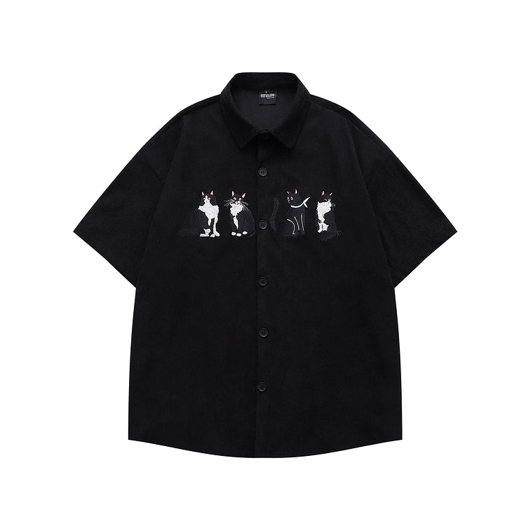Vintage Cat Embroidered Velvet Shirt