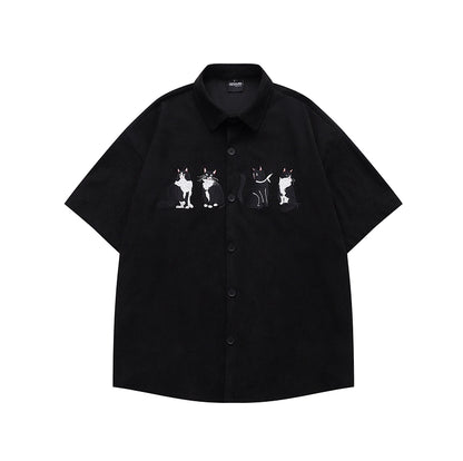 Vintage Cat Embroidered Velvet Shirt