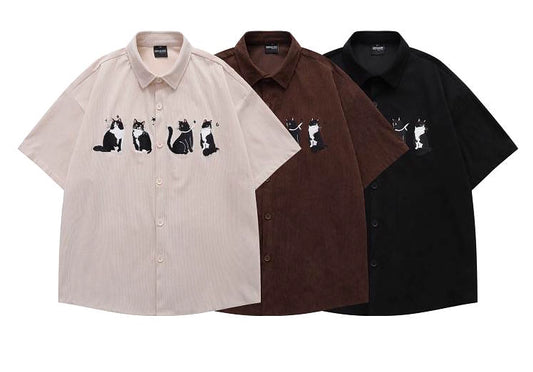 Vintage Cat Embroidered Velvet Shirt