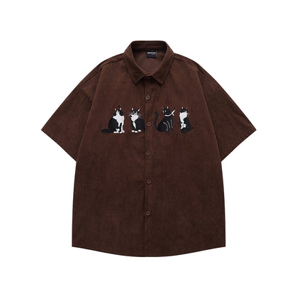 Vintage Cat Embroidered Velvet Shirt