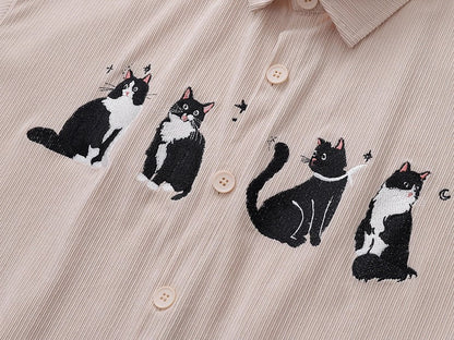 Vintage Cat Embroidered Velvet Shirt
