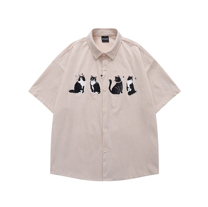 Vintage Cat Embroidered Velvet Shirt