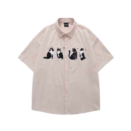 Vintage Cat Embroidered Velvet Shirt